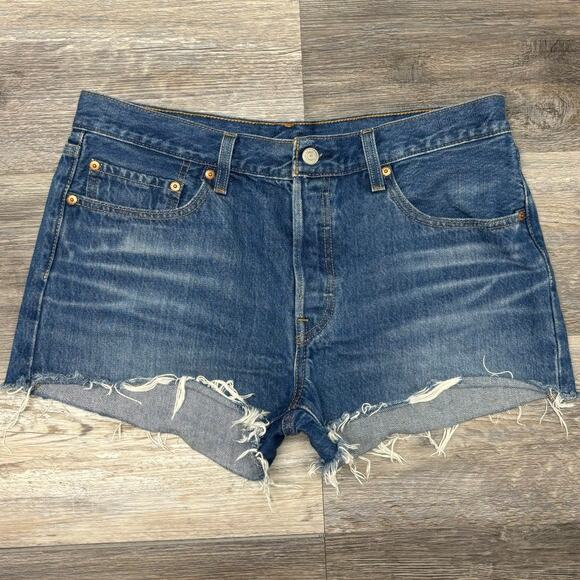 Levis Shorts Premium 501 Blue Womens 31 Button Fly Distressed Denim Jean Jorts - Picture 1 of 12